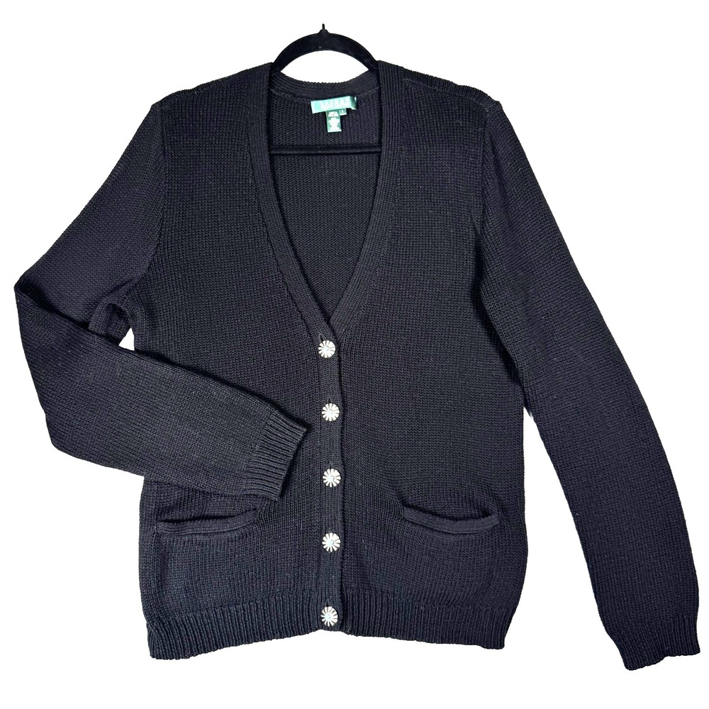 Vtg Lauren Ralph Lauren Cardigan Womens L Black Cotton Concho Button Western